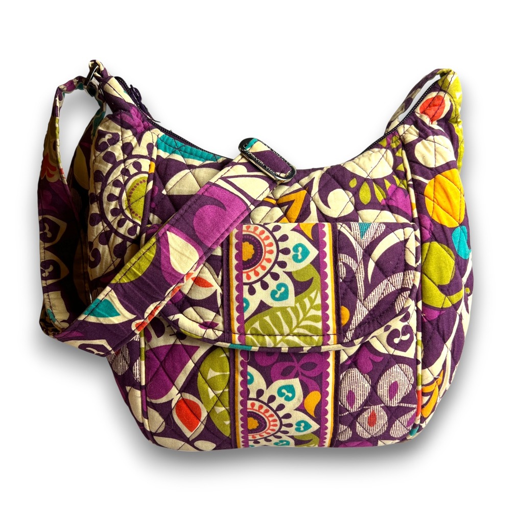 Vera Bradley Hobo Shoulder Bag Plum Crazy Quilted Crossbody Purse Purple Multi